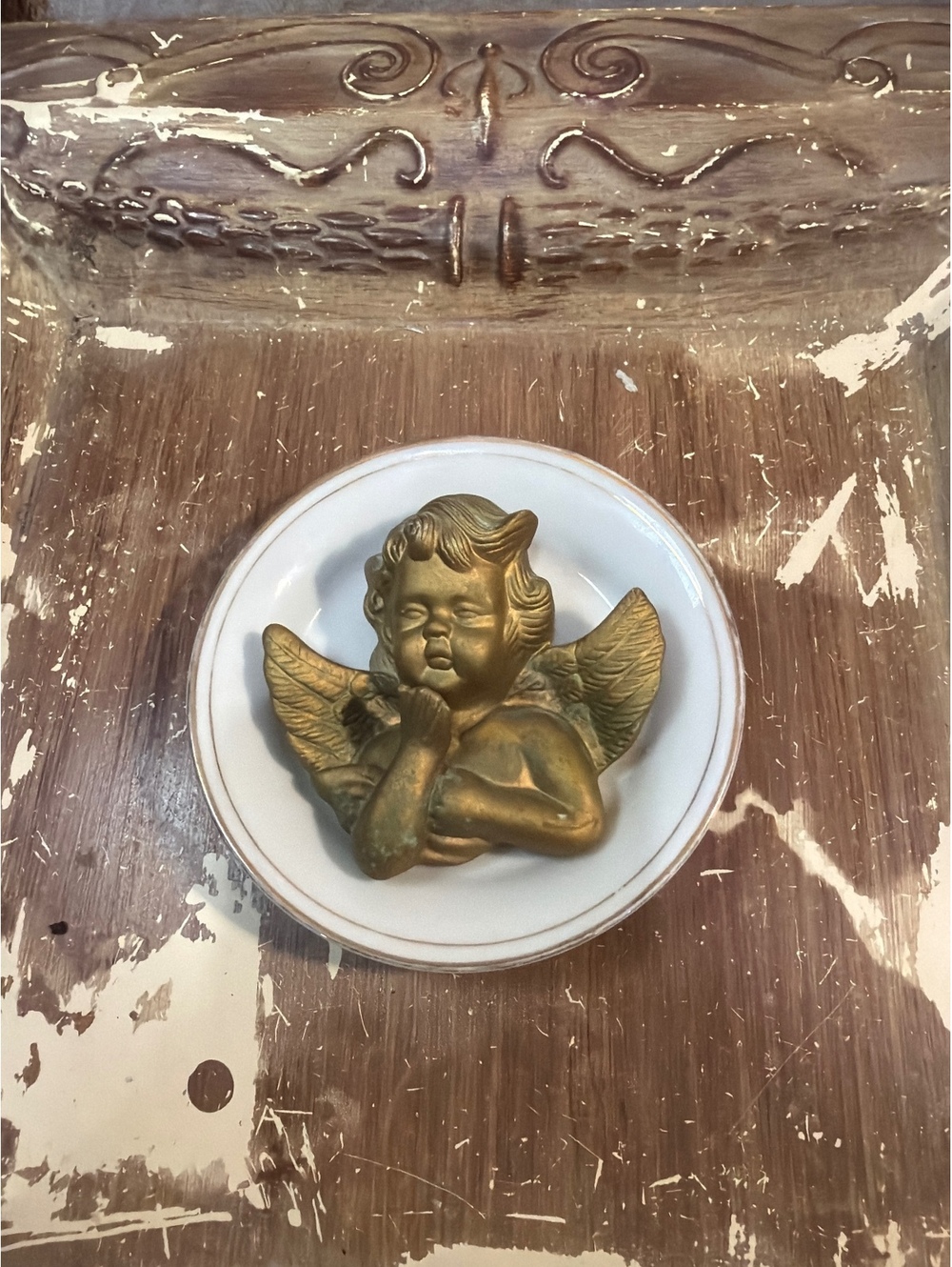 Vintage Gold Angel Cherub Wall Plaque on White Ceramic Base